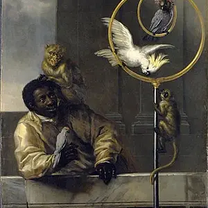 A Moor with Two Parrots, a Cockatoo, a Barbary Macaque, and a Squirrel Monkey (NM 1407).webp