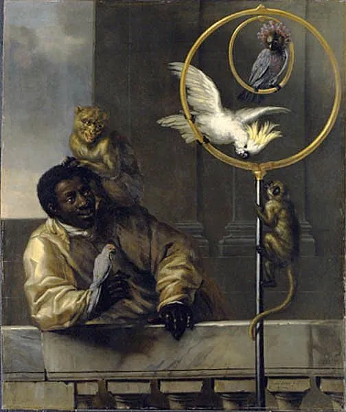 A Moor with Two Parrots, a Cockatoo, a Barbary Macaque, and a Squirrel Monkey (NM 1407).webp